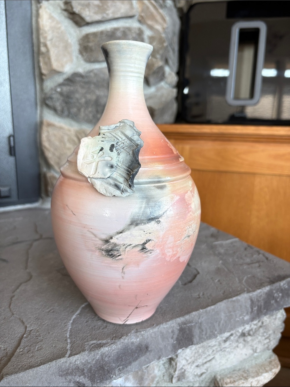 Handcrafted Sagger Fried Pottery Pink/Cream/Black Vase with Ceramic Embelishment